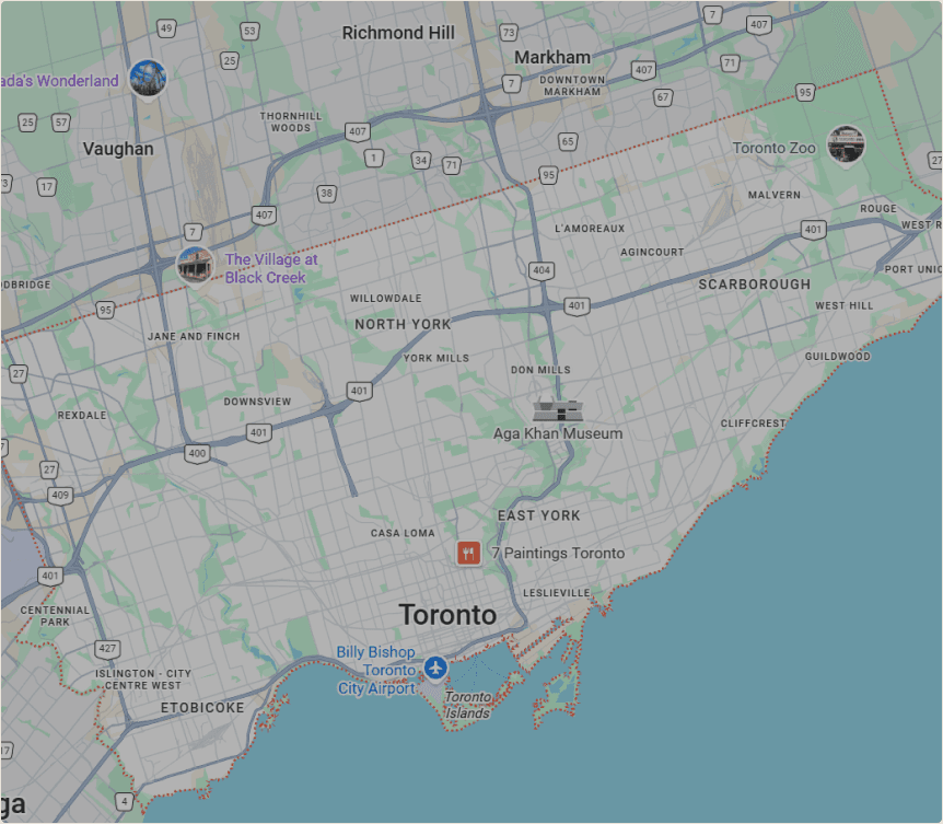 Google Maps showing HRPM service areas across the Greater Toronto Area