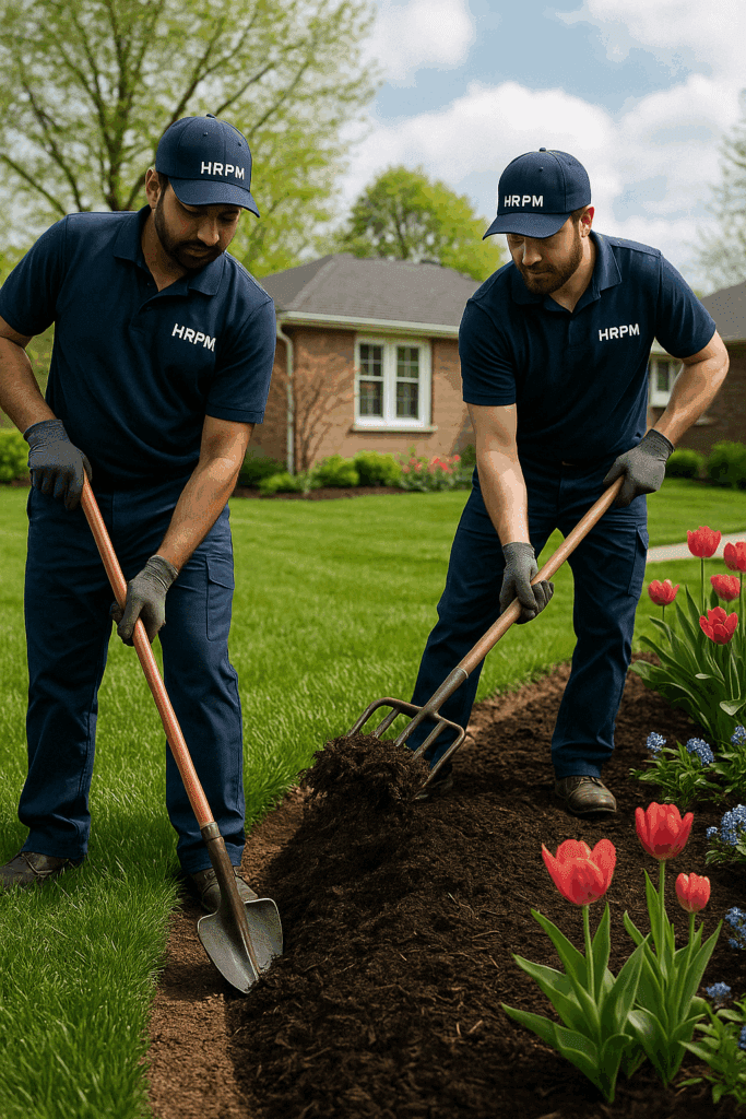 Two HRPM landscapers in navy‑blue uniforms edging a garden bed and spreading fresh mulch in a Southern Ontario yard for spring curb appeal.