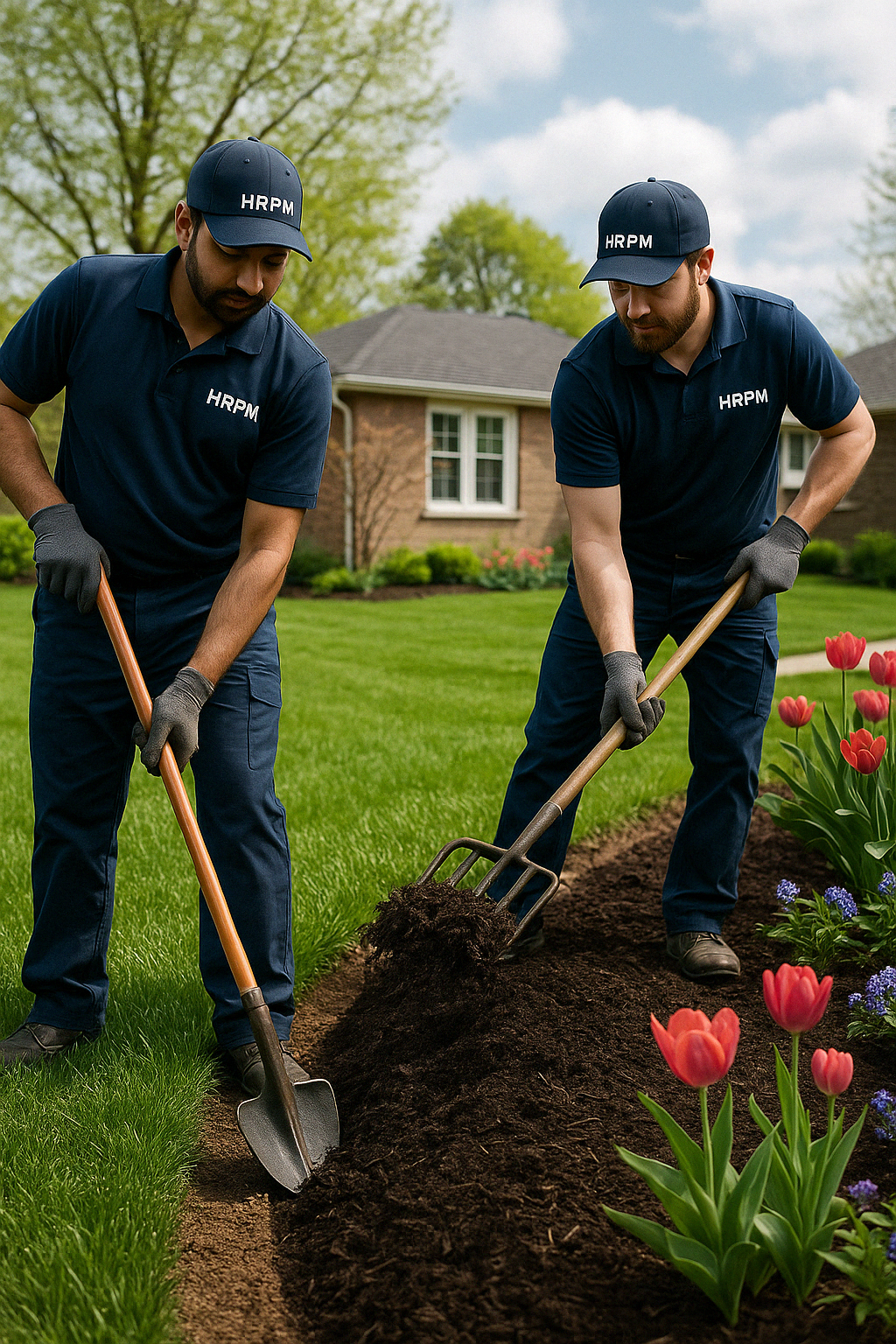 Two HRPM landscapers in navy‑blue uniforms edging a garden bed and spreading fresh mulch in a Southern Ontario yard for spring curb appeal.