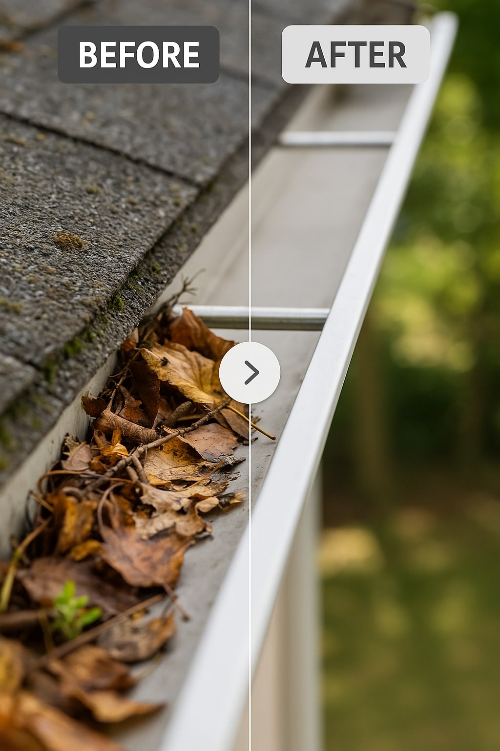 Before-and-after comparison of a Southern Ontario home’s eavestroughs, showing clogged, debris-filled gutters on the left and pristine, free-flowing gutters after HRPM’s professional eavestrough cleaning service on the right.