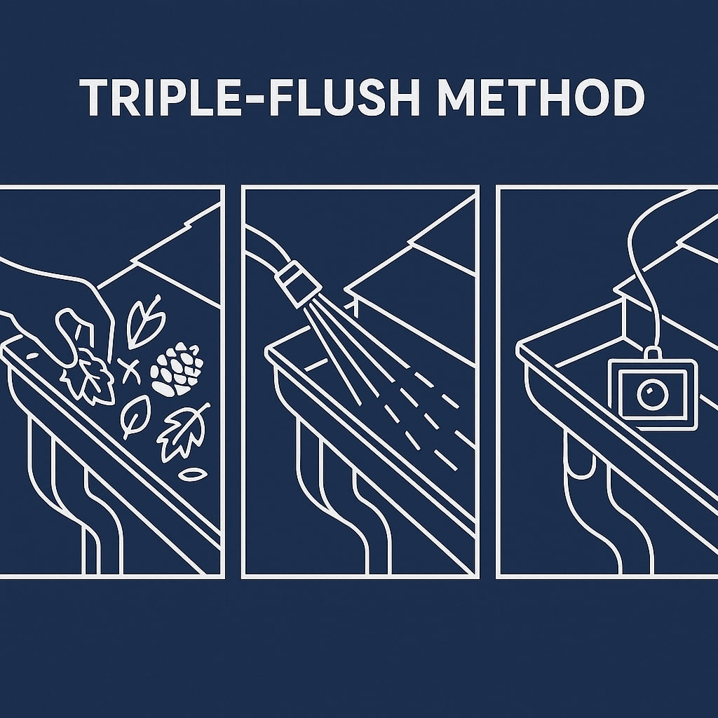 Diagram illustrating HRPM’s Triple-Flush Method for eavestrough cleaning: manual debris removal, three low-pressure rinses, and camera inspection to ensure clear gutters in Toronto.