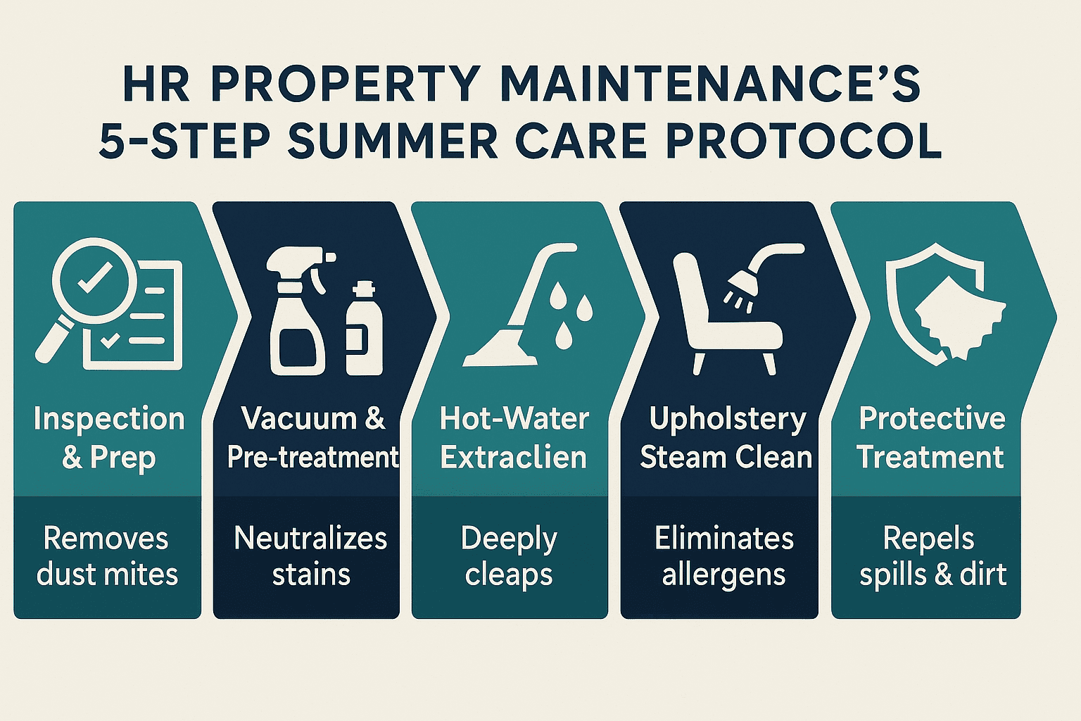  Infographic showing HR Property Maintenance’s five-step summer carpet and upholstery care protocol: Inspection & Prep; Vacuum & Pre-treatment; Hot-Water Extraction; Upholstery Steam Clean; Protective Treatment.