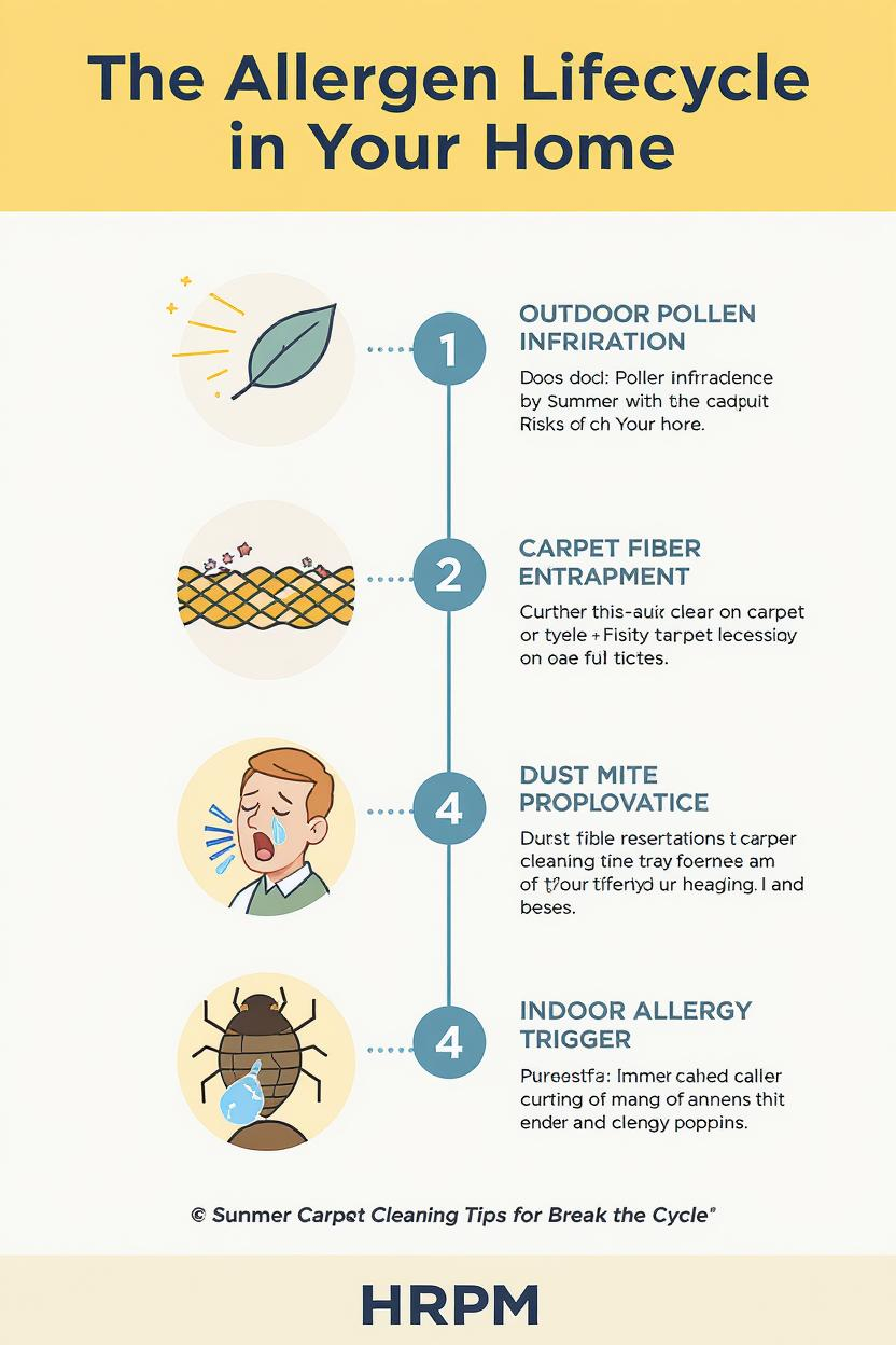 Infographic titled “The Allergen Lifecycle in Your Home” showing four stages: outdoor pollen infiltration (leaf icon), pollen trapped in carpet fibers (carpet weave icon), dust mite proliferation (sneezing person icon), and indoor allergy trigger (dust mite icon).