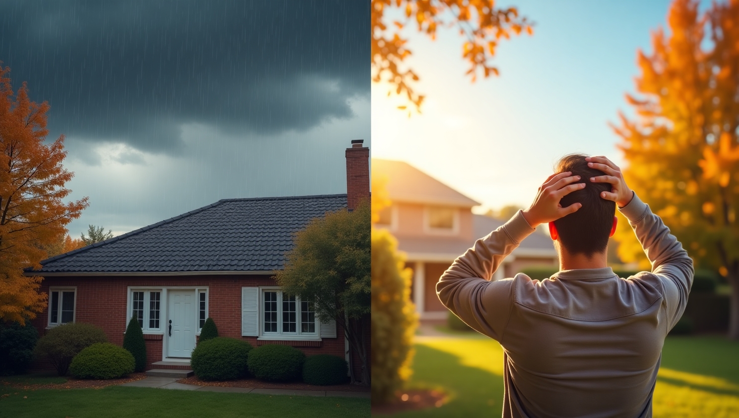 Split-scene flat roof: left side under heavy autumn rain and dark clouds, right side in bright summer sun with homeowner inspecting.
