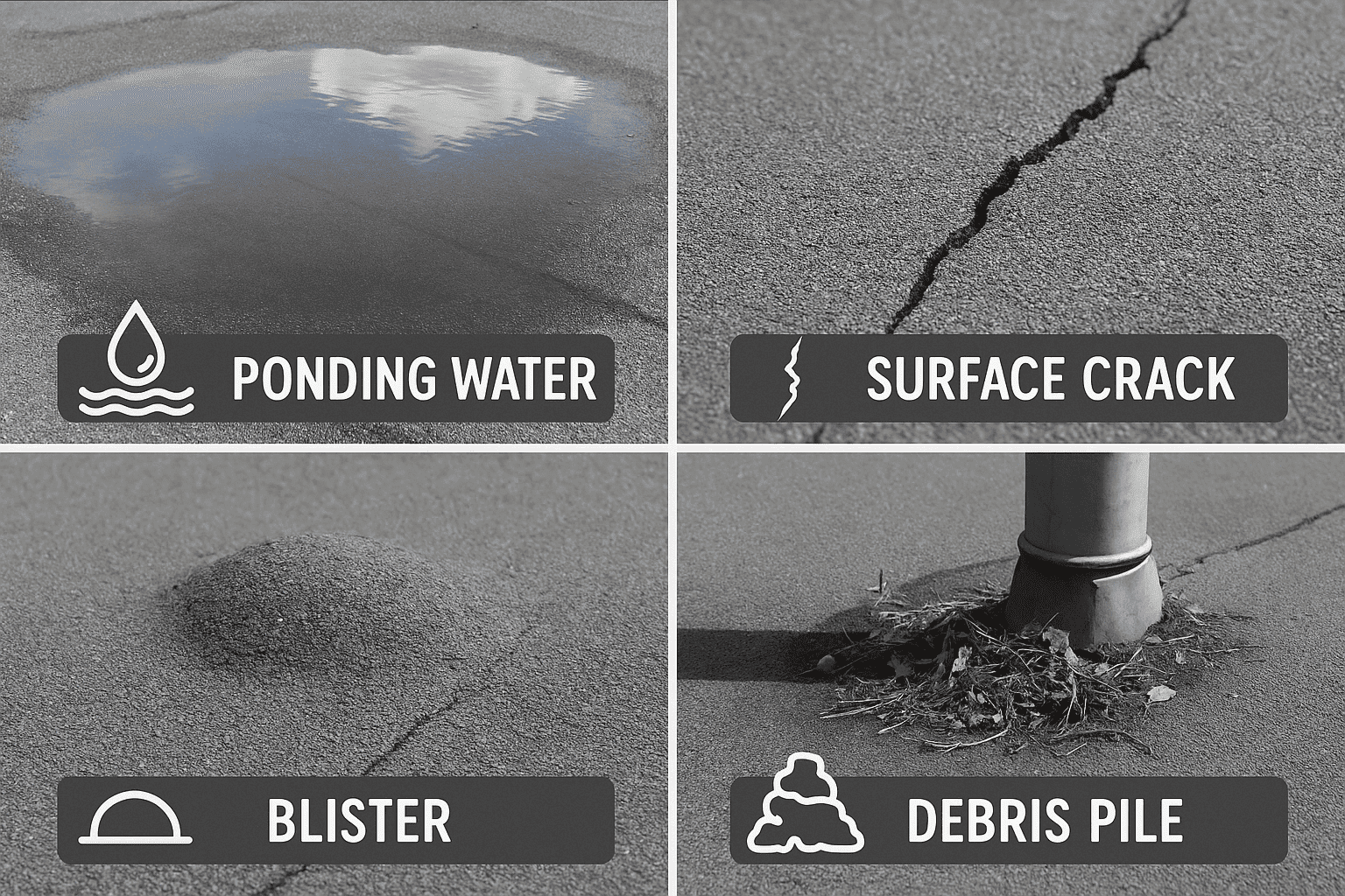 Collage of four flat-roof issues: a pool of ponding water, a surface crack, a blister bulge, and a debris pile around a roof vent.