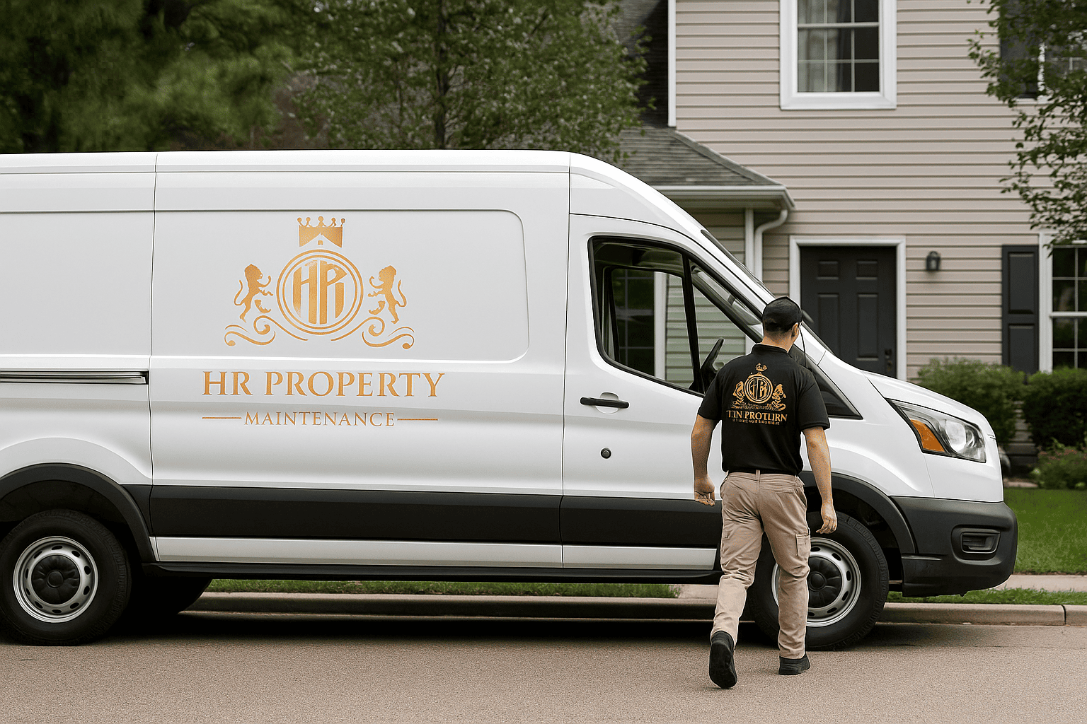 HR Property Maintenance branded service van parked in front of a suburban home with a technician walking toward the door.
