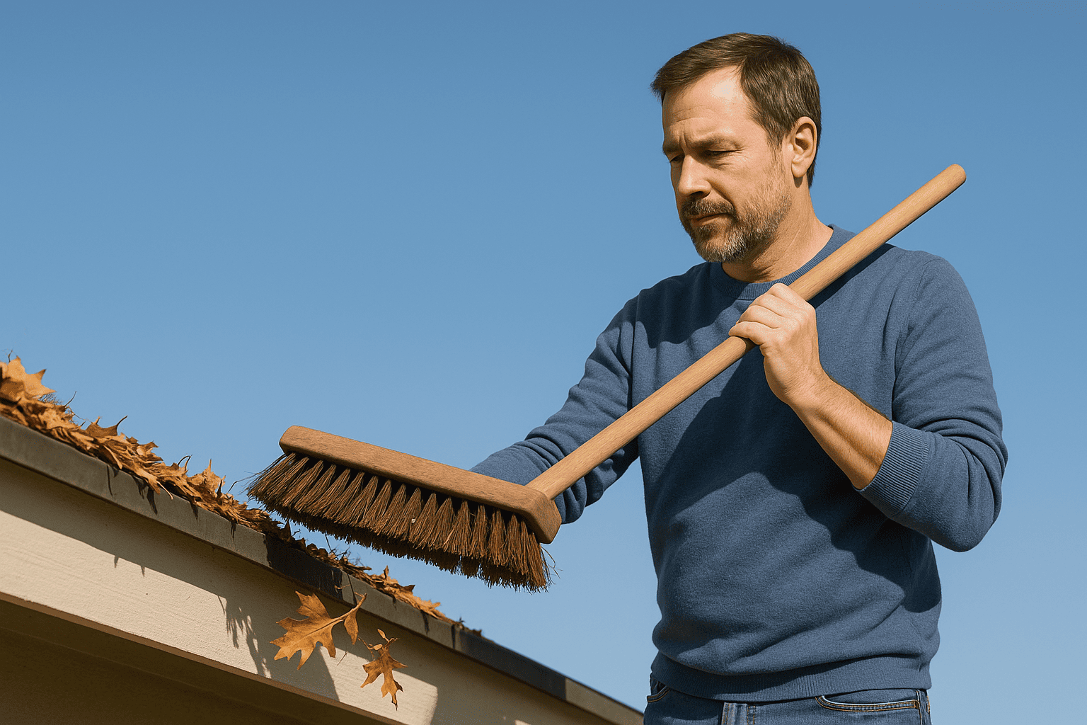 Homeowner using a long-handled brush to sweep fallen leaves off a flat roof edge under a clear blue sky.