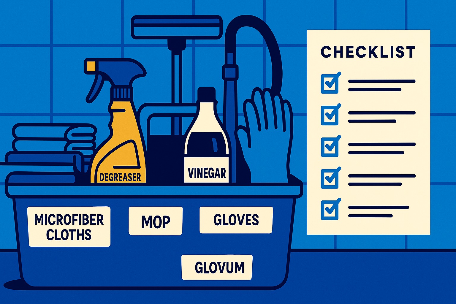 Organized cleaning tools including degreaser, vinegar, gloves, microfiber cloths, and a mop inside a blue caddy, with a checklist on the side.