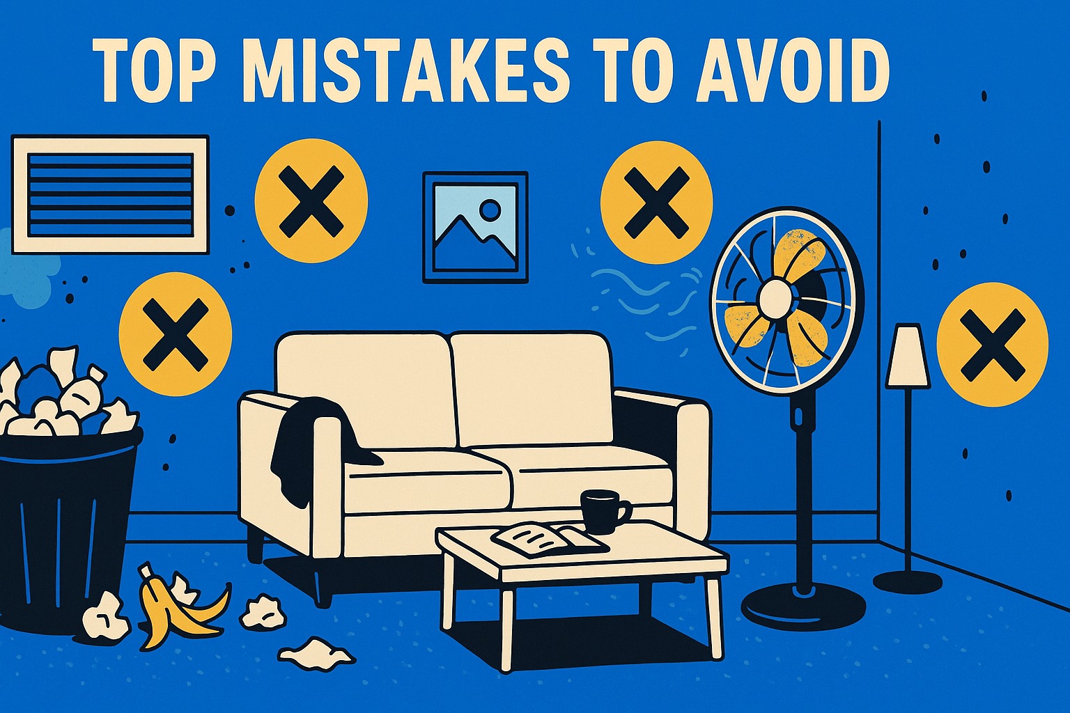 Cluttered living room with cleaning mistakes highlighted, including overflowing trash, dusty fan, dirty walls, and missed details.