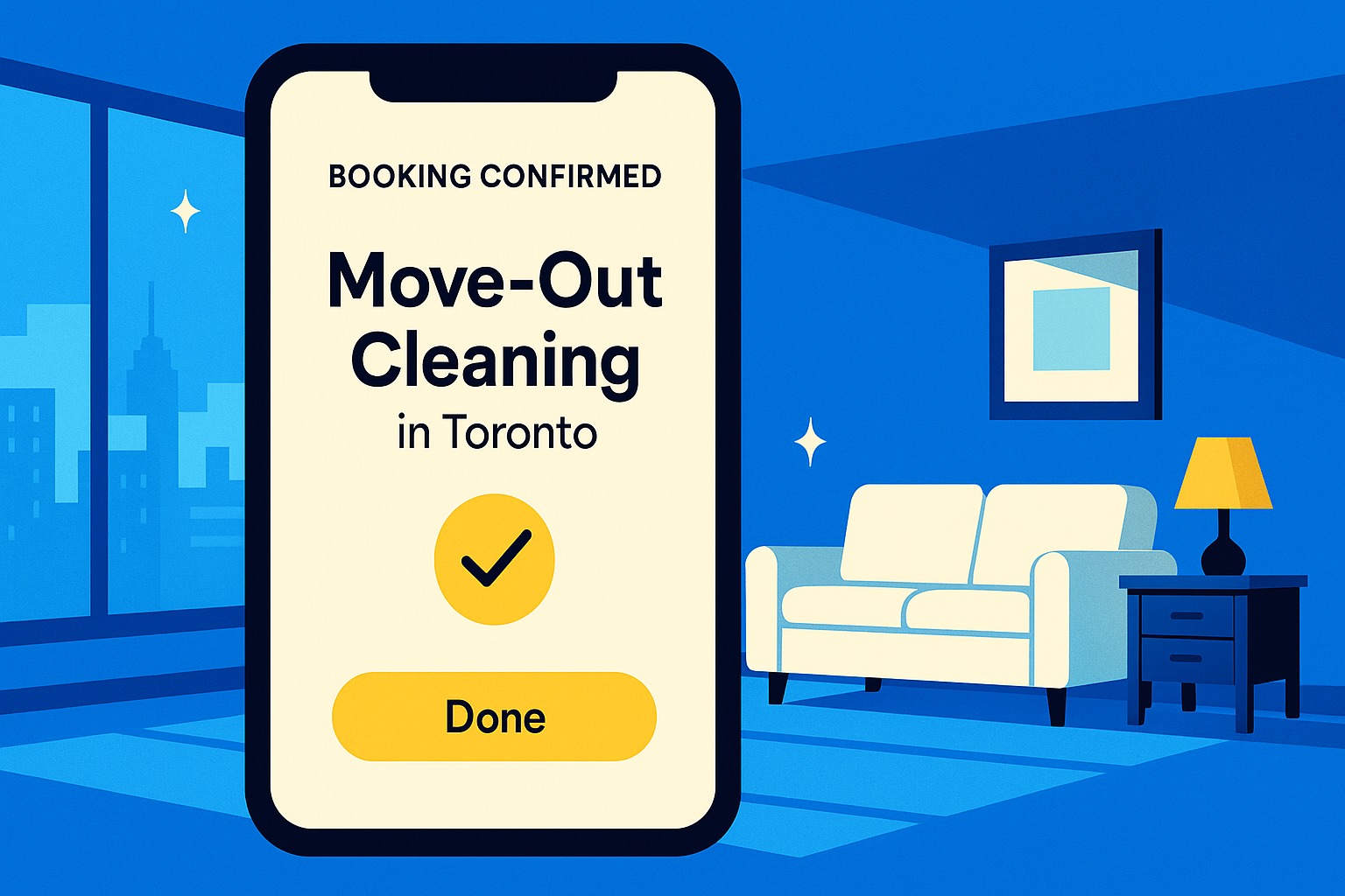 Phone screen showing a confirmed move-out cleaning booking in Toronto, with a sparkling clean living room in the background.