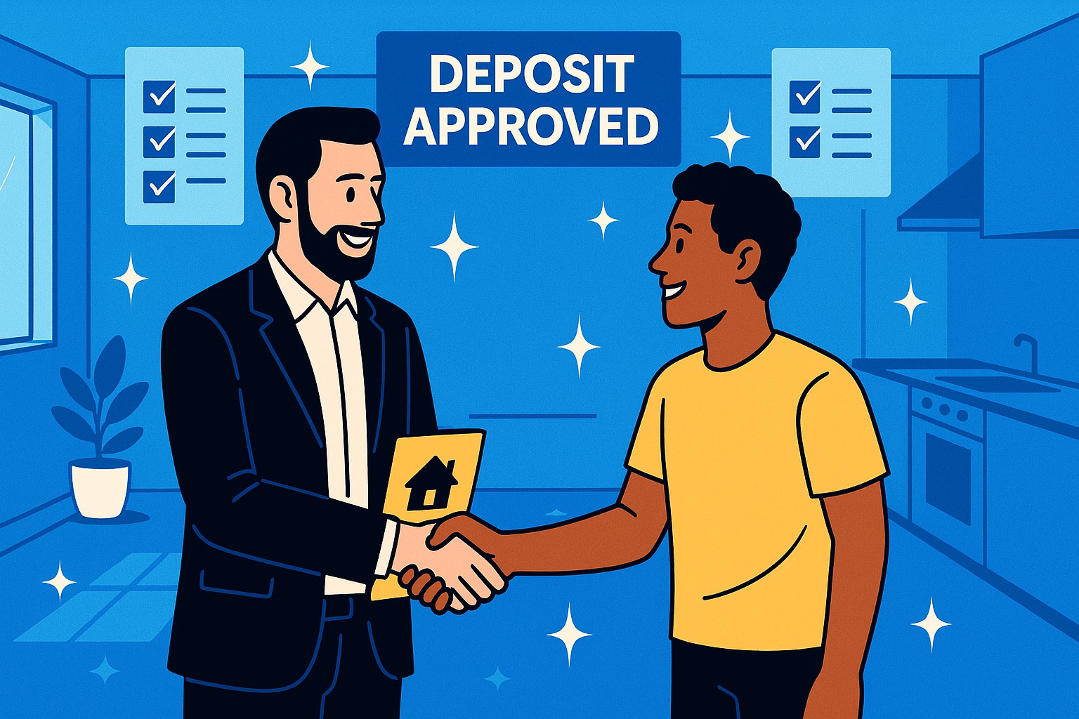 Landlord and tenant shaking hands after a successful move-out inspection with "Deposit Approved" text in the background.