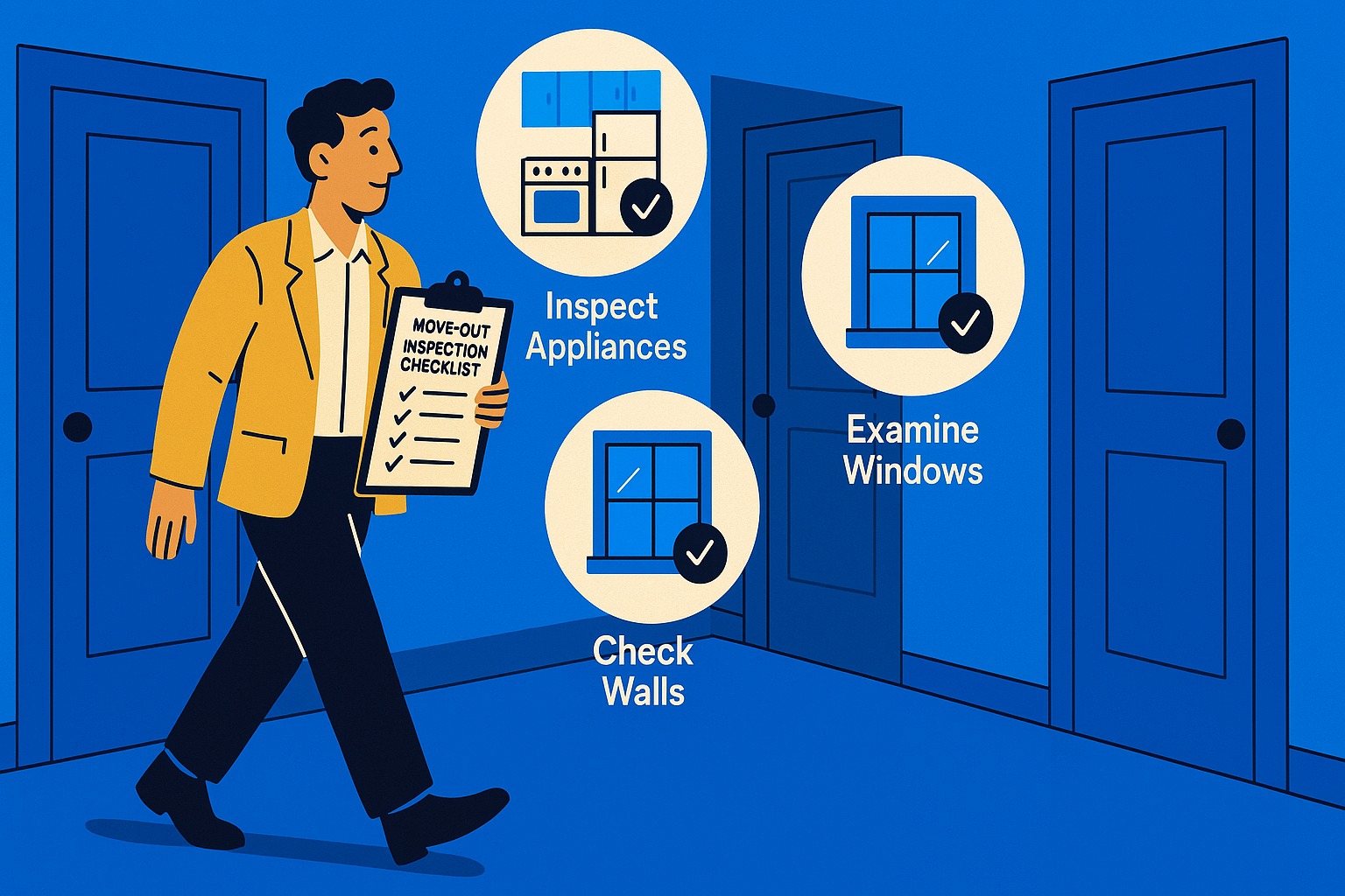 Landlord walking through an apartment with a move-out inspection checklist, reviewing appliances, walls, and windows.