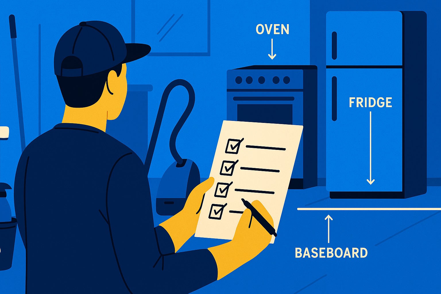 Man checking a move-out cleaning checklist in front of an oven, fridge, and baseboard with cleaning tools in the background.